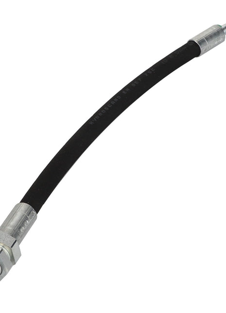 The AGCO | Hydr. Hose - Acw069677A is a rubber hydraulic hose featuring metal fittings on both ends, with one fitting larger and the other smaller. Currently, there is no additional product description information available.