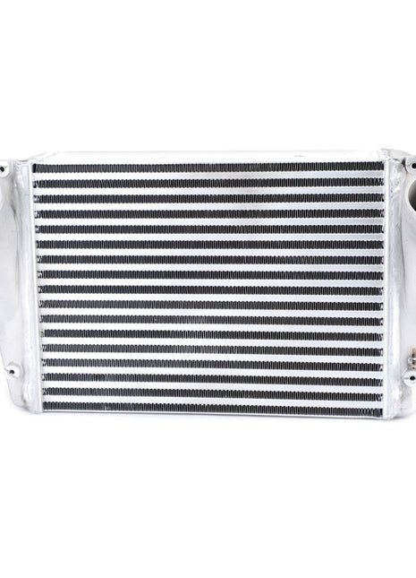 A front view of a metallic AGCO | Intercooler, Air To Air Type - Acw043584A car intercooler with two large tubular inlets on either side, designed to enhance engine efficiency by optimizing compressed air temperature.