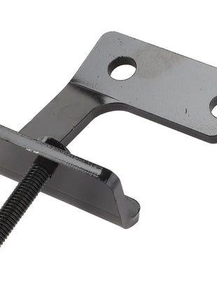 Introducing the AGCO | Support - Acw0648080: This black metal bracket from AGCO includes a screw and two pre-drilled holes, features a perpendicular extension, and an open slot on one side for versatile mounting options.