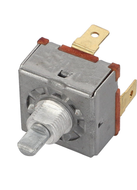 The AGCO | Switch - Acw0286870 is a square, metallic rotary switch with a threaded shaft and two brass terminals. No current product description information is available for this item.