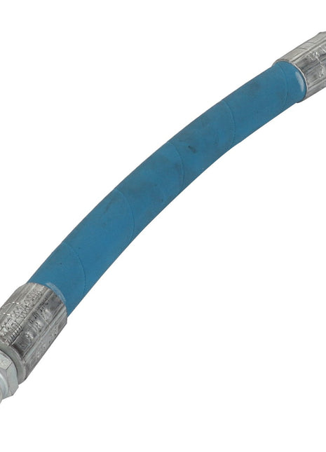 The AGCO Hydraulic Hose - Acx236293A is a flexible blue rubber hose equipped with metal fittings on both ends, featuring high-performance and abrasion-resistant coverings.