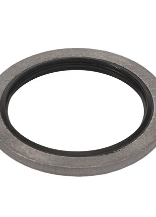 The AGCO GASKETS - F926880010290 is a gray metallic washer with a black inner ring, commonly used in mechanical assemblies for sealing purposes.