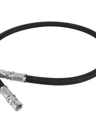 The AGCO | Hydraulic Hose - Acp0010440 by AGCO is a black, flexible hose equipped with durable metallic fittings on both ends, designed for versatile use.