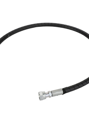 The AGCO Hydraulic Hose - Acw2316650 is a flexible black hydraulic hose featuring metal connectors on both ends. No current product description information is available.