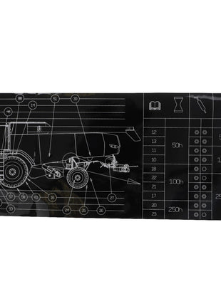 A black and white technical drawing of an AGCO vehicle with numbered parts and a maintenance schedule on the right side, featuring the product "AGCO | Decal, Left Hand - Acw0506040.