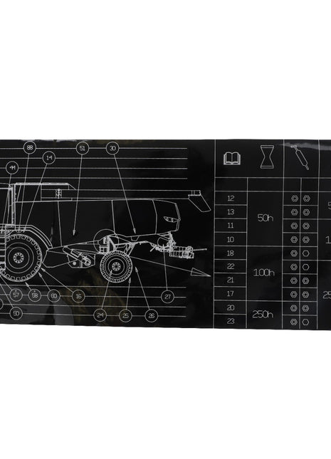 A black and white technical drawing of an AGCO vehicle with numbered parts and a maintenance schedule on the right side, featuring the product "AGCO | Decal, Left Hand - Acw0506040.