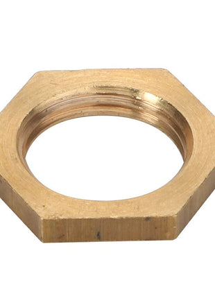 A top-down view of the AGCO | Nut - Acp0419940, a brass hex nut with a central threaded hole.