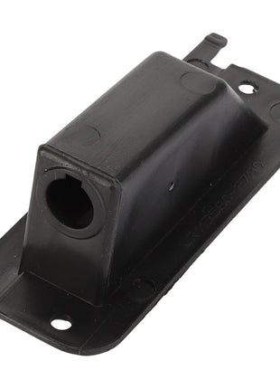 The AGCO Bracket - Acw4657030 is a black rectangular plastic component featuring a cylindrical hole, mounted on a flat base plate with screw holes on both ends.