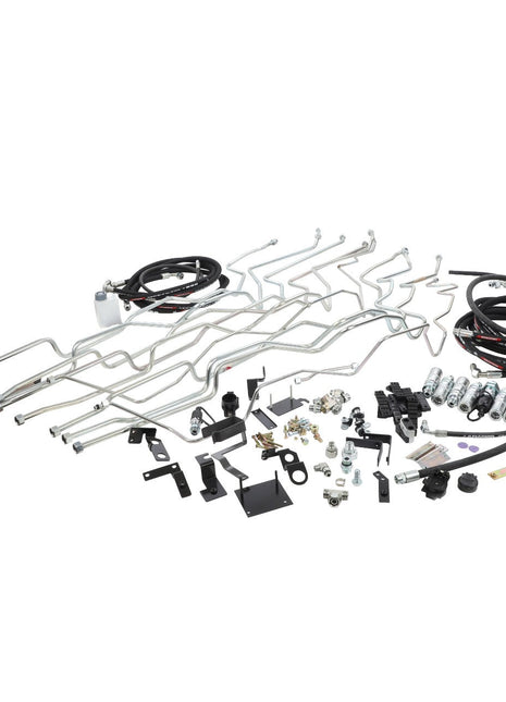 Introducing the AGCO Kit, Pipe - Acw0176220: A meticulously curated collection of automotive parts including metal pipes, brackets, hoses, and fittings from the renowned brand AGCO, all elegantly arranged on a pristine white background.