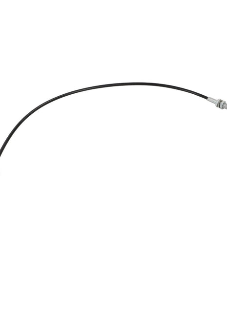 The AGCO | Cable - Acp0671520 is a flexible black control cable equipped with metal connectors and rubber grommets on both ends, commonly used for automotive or mechanical applications.