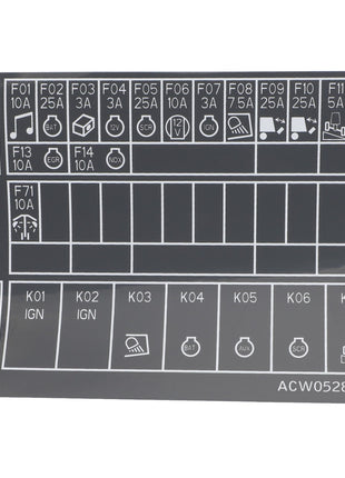 A diagram of the AGCO | Decal - Acw0528740 fuse box panel with labeled fuses and icons indicating their respective functions, including lights, ignition, and various vehicle systems. No current product description information is available for additional features.