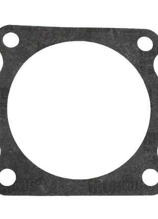 The AGCO | Gasket - V836324493 is a flat, black, circular gasket featuring four evenly spaced holes near the outer edge.