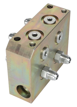 The AGCO RELIEF VALVE - AL60009544 is a metallic hydraulic manifold featuring multiple threaded ports and connection fittings, designed to direct and control fluid flow in hydraulic systems.