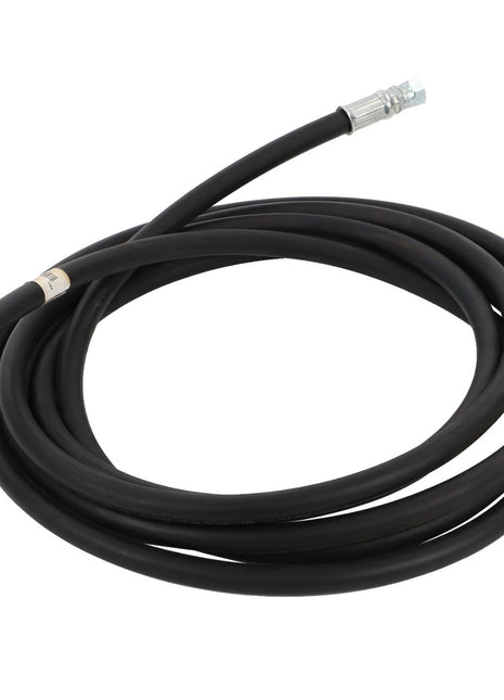 The AGCO Hydraulic Hose - Acp0002010 is a coiled black rubber hose featuring metal fittings on both ends. No current product description available.