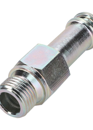 The AGCO Screw Neck (F411201090050) is a metallic cylindrical hose connector featuring threaded ends and a hexagonal center section for easy tightening. No current product description available.