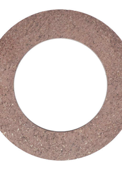 The AGCO PLATE - K3121, a round, textured, brown gasket with a large central hole, is meticulously positioned against a clean, white background.