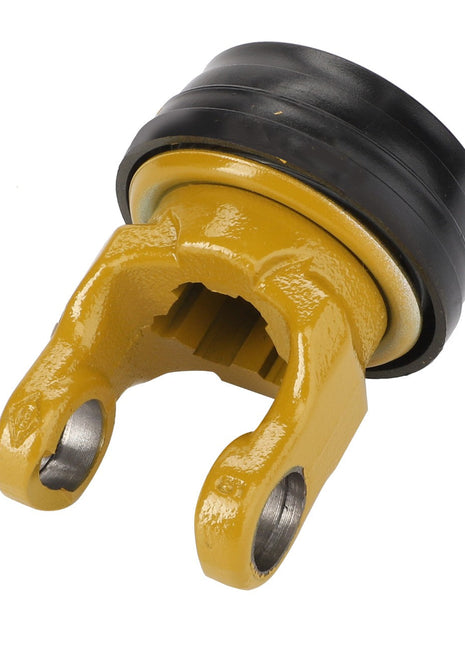 The AGCO | Fixing Fork - Fel103102 is a yellow and black mechanical component featuring a split U-shaped fork end and a cylindrical base. Product description currently unavailable.