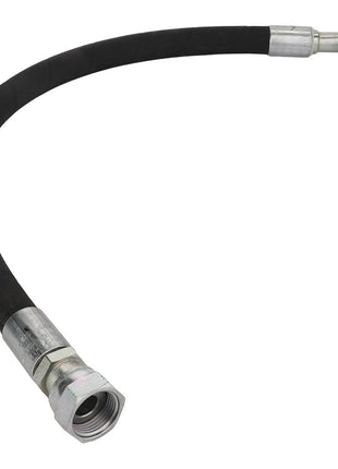 A black flexible rubber hose with metal connectors at both ends, one straight and one L-shaped, identified as the AGCO Hydraulic Hose - Acw3515490, is shown against a white background. No current product description information is available.