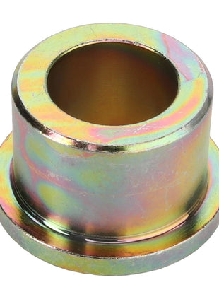 No product description is available for the AGCO metallic cylindrical bushing, with a flange and hollow center, featuring a reflective, slightly multicolored surface (Product Name: AGCO | Bush - Fel150664).