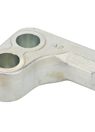 The AGCO | Lock - Acp0384810 by AGCO is a sleek, metallic, light gray component featuring an angled L-shape design with two perfectly round circular holes.