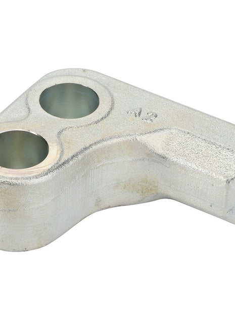 The AGCO | Lock - Acp0384810 by AGCO is a sleek, metallic, light gray component featuring an angled L-shape design with two perfectly round circular holes.