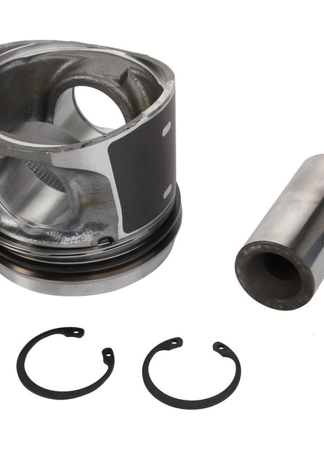 An AGCO piston kit (model F339202310210) for Valtra, including a piston, wrist pin, and two circlips on a white background.