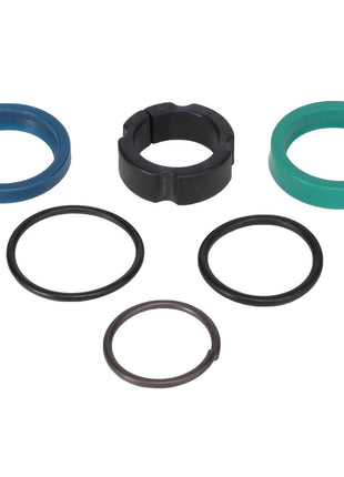 The AGCO Kit, Joint - Fel151657 by AGCO features a unique assortment of six mechanical seals in various shapes and sizes, including rings and grooved circular components. These seals come in blue, black, and green. There is currently no detailed product description available for this kit.
