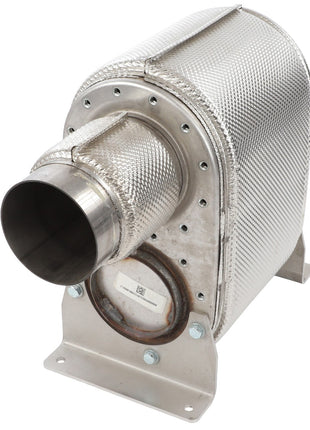 The AGCO | Def Mixer Assembly - Acw196013A is a metallic automotive part featuring a cylindrical exhaust pipe and a heat-resistant covering, securely mounted on a base with bolts. No current product description information available.