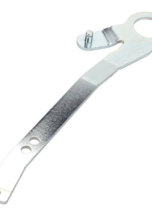 Introducing the AGCO | Lever - Acp0335710 by AGCO: A metal tool featuring a long, flat handle with two holes at one end, and a rounded section at the other end with a small pin and circular cutout.