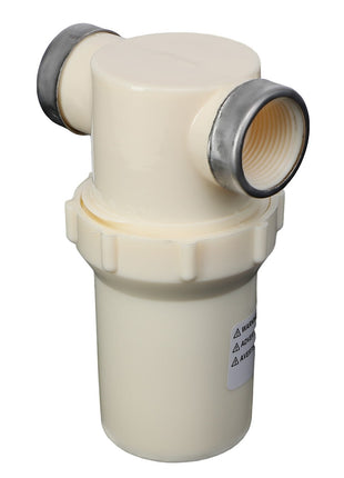 The AGCO INLINE STRAINER - AG513640 is a cylindrical plastic filter housing equipped with 3/4" NPT threads, featuring two side ports and one top port. It includes a threaded connector and silver-colored banded ends, along with two caution labels situated on the lower part.