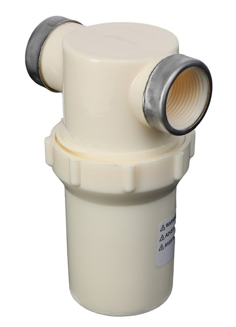 The AGCO INLINE STRAINER - AG513640 is a cylindrical plastic filter housing equipped with 3/4" NPT threads, featuring two side ports and one top port. It includes a threaded connector and silver-colored banded ends, along with two caution labels situated on the lower part.