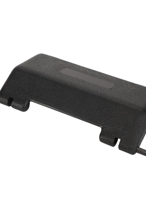 The AGCO | HANDLE - V30636910 by AGCO is a sleek, black rectangular cover featuring two protruding rods on each side, designed to serve as a durable protective casing for an electronic component.