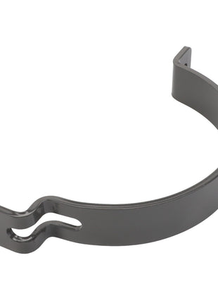 A gray metal bracket with a curved design and a slotted hole at one end, known as the AGCO Holding Strap Ring - Acw1170680. No current product description information is available for this item.