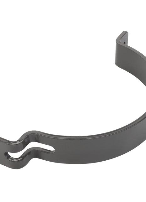 A gray metal bracket with a curved design and a slotted hole at one end, known as the AGCO Holding Strap Ring - Acw1170680. No current product description information is available for this item.