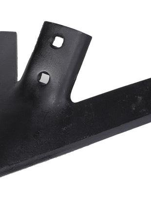 The AGCO | CUTTER - E58478 is a black metal agricultural tillage tool featuring a V-shaped design, outfitted with heavy-duty plow bolts and two mounting holes for optimal performance in the best two-hole configuration.