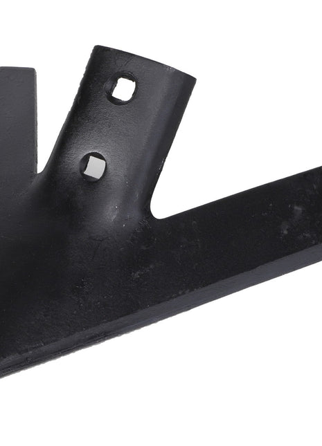 The AGCO | CUTTER - E58478 is a black metal agricultural tillage tool featuring a V-shaped design, outfitted with heavy-duty plow bolts and two mounting holes for optimal performance in the best two-hole configuration.