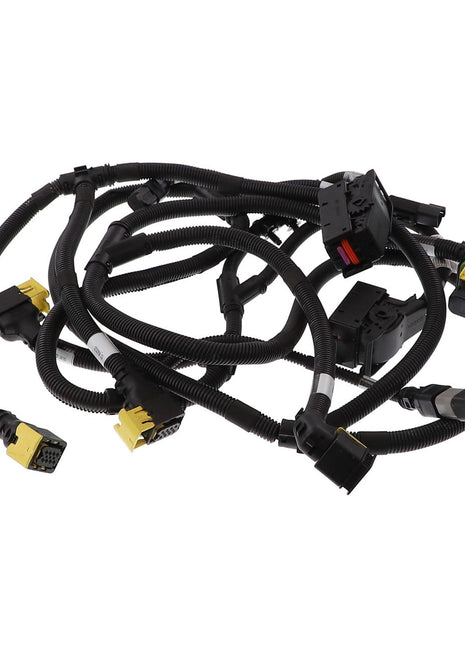 The AGCO | Left Hand Harness - Acx3925810 is a coiled black electrical wiring harness equipped with multiple connectors, including distinctive yellow and black plugs at various ends.