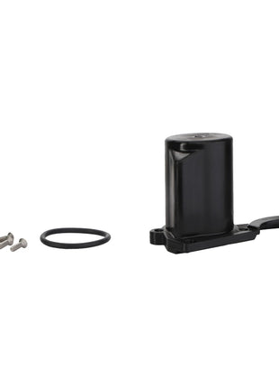 A black cylindrical component identified as the AGCO Motor Cover - Acw1421550, complete with an attached base, an O-ring, and three screws, is arranged on a white background. No current product description information is available.