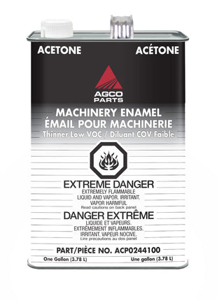 A 1-gallon (3.78 L) metal can of AGCO's Thinner, Low V.O.C., Gallon - Acp0244100, labeled "Extreme Danger," "Highly Flammable," and "Harmful Vapors," with warnings in both English and French. This high-quality thinner is VOC compliant for safer use and serves as a quick drying reducer.