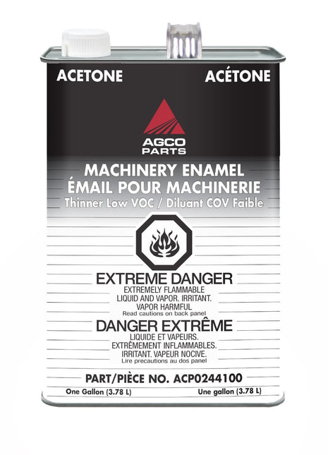 A 1-gallon (3.78 L) metal can of AGCO's Thinner, Low V.O.C., Gallon - Acp0244100, labeled "Extreme Danger," "Highly Flammable," and "Harmful Vapors," with warnings in both English and French. This high-quality thinner is VOC compliant for safer use and serves as a quick drying reducer.