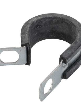 The AGCO | PIPE SUPPORT - V30555800 is a P-clamp made of metal and rubber, featuring two mounting holes on either end. There is currently no additional product description information available.