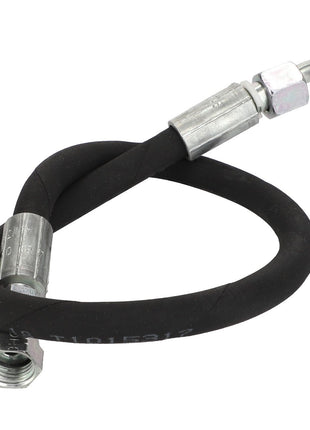 The AGCO Hydraulic Hose - Acw3524220, a black rubber hose branded by AGCO, features metallic fittings on both ends. One side has a larger hexagonal nut, while the other end has a smaller threaded connector. The hose is coiled in a loose loop.