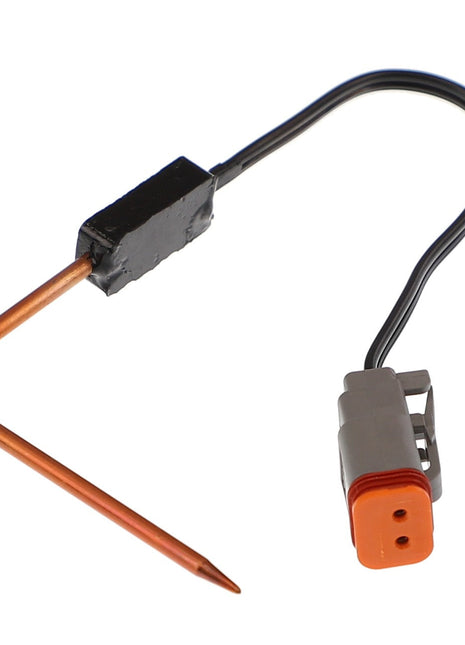 Currently, there is no product description available for the AGCO Gauge - Acw0932900, a metal temperature sensor probe with a right-angle bend connected to a wire and featuring an orange and gray connector plug.