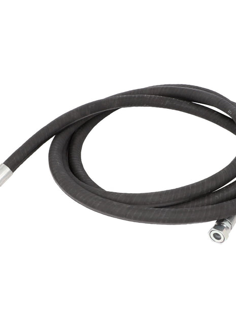 The AGCO | Hose - Acw2399230 is a coiled black rubber hose featuring metal connectors at both ends, but no additional details about its specific features are provided.