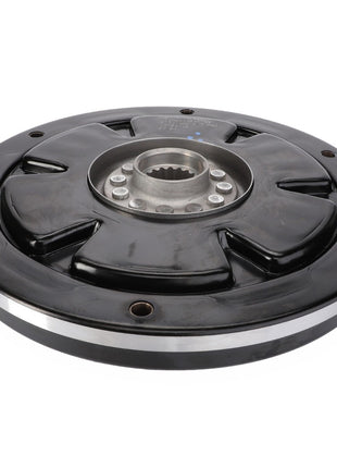 A round, black metallic component with a central gear-like structure and bolt holes around the edges, known as the AGCO HYDRO DAMPER - E931100420080 by the brand AGCO. No current product description information is available to provide further details.