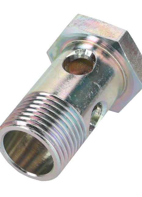 Close-up of the AGCO Banjo Bolt - 1119252, featuring a hexagonal metallic fitting with a threaded end and a single through-hole near the top, highlighting its precise engineering.