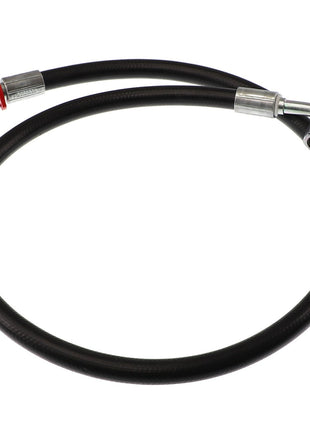 The AGCO HOSE - AL9032630 is a coiled black hose featuring one straight metal fitting and one bent at a right angle. Currently, there is no additional product description information available.