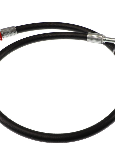 The AGCO HOSE - AL9032630 is a coiled black hose featuring one straight metal fitting and one bent at a right angle. Currently, there is no additional product description information available.