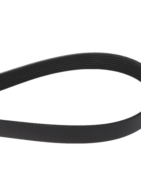 Introducing the AGCO | Belt - Acw1752900 by AGCO: An elongated black rubber belt featuring a grooved interior surface, skillfully looped to highlight its flexible nature and versatile design.