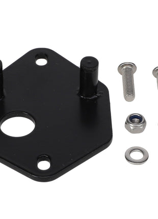 An AGCO ADAPTER PLATE - AG058777, which is a black metal mounting bracket featuring three holes, comes with two screws, two washers, and two nuts. Further product description information is currently unavailable.